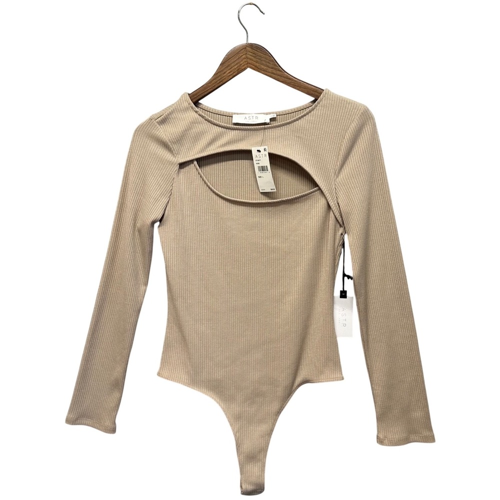 ASTR The Label Womens Thong Bodysuit Size L Nude Ribbed Cutout Long Sleeve Basic